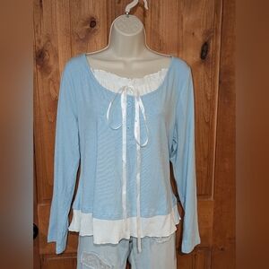 SHEIN Light Blue Blouse with White Ribbon Detail